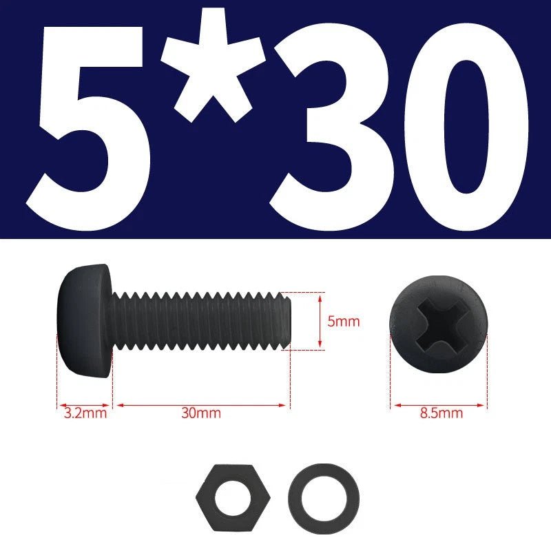 Black Nylon Phillips Machine Screws with Nuts & Washers — Metric M2 to M8 - HomeDIYer