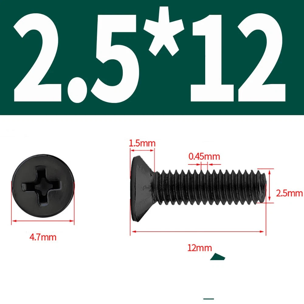 Black Phillips Flat Head Countersunk Machine Screws — Carbon Steel M1–M6