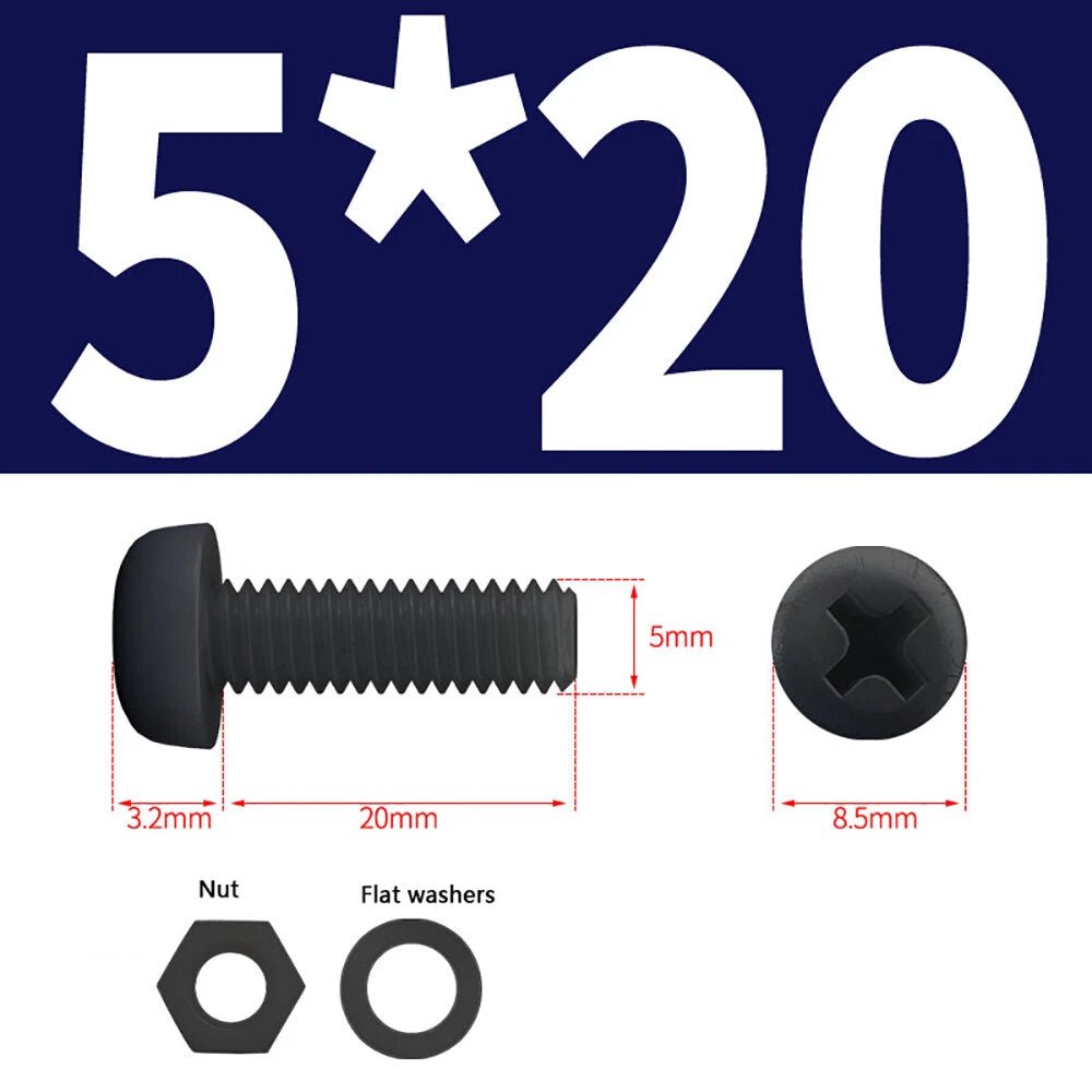 M4 M5 Nylon Phillips Pan Head Machine Screws with Hex Nuts and Flat Washers – White & Black - HomeDIYer