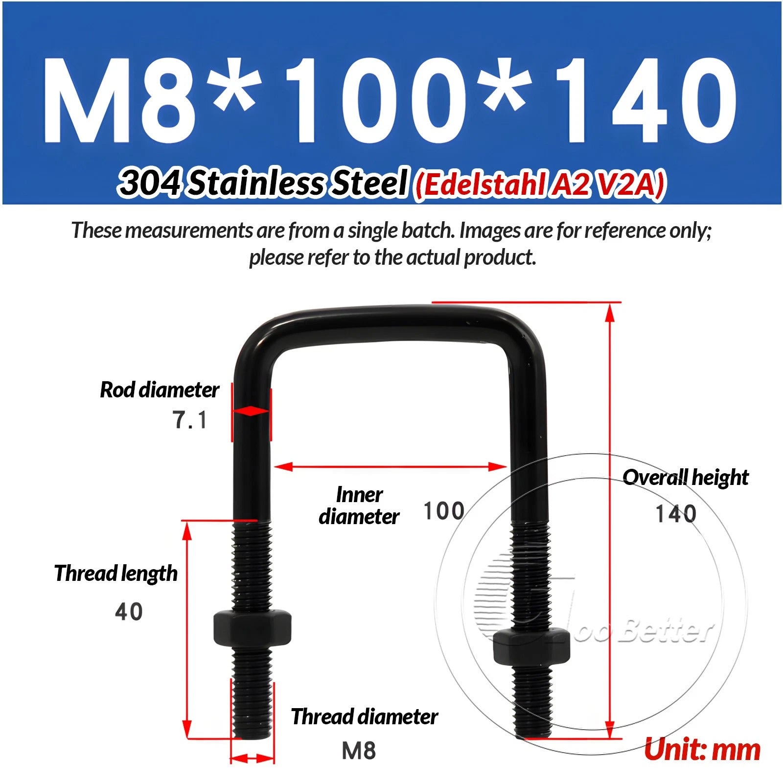 M6 M8 M10 Square U-Bolts Black 304 Stainless Steel with Nuts For Boat Trailer