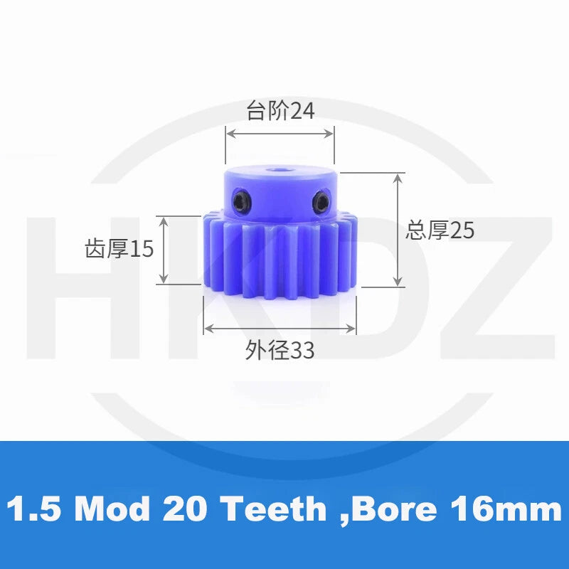 1.5 Mod Blue Nylon Spur Gear 15-60T,Bore 6-12mm Pinion Gear With Step Motor Gear