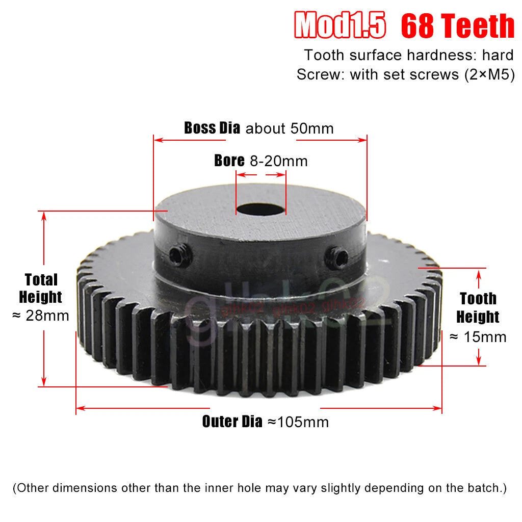 Mod1.5 Steel Pinion Gear Spur Gear 12-100 Teeth 4-25mm Bore With Screw Blackened