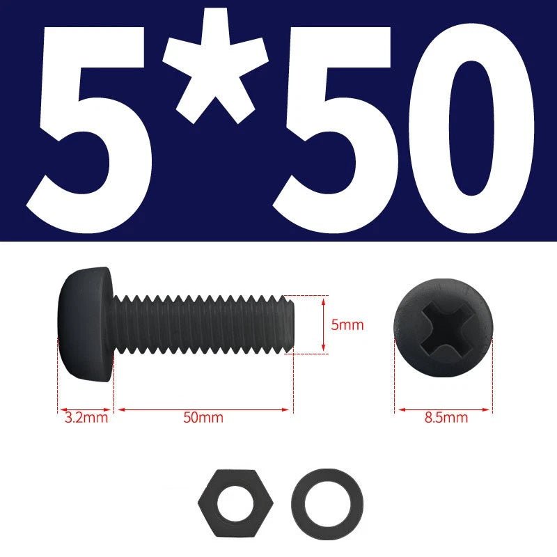 Black Nylon Phillips Machine Screws with Nuts & Washers — Metric M2 to M8 - HomeDIYer