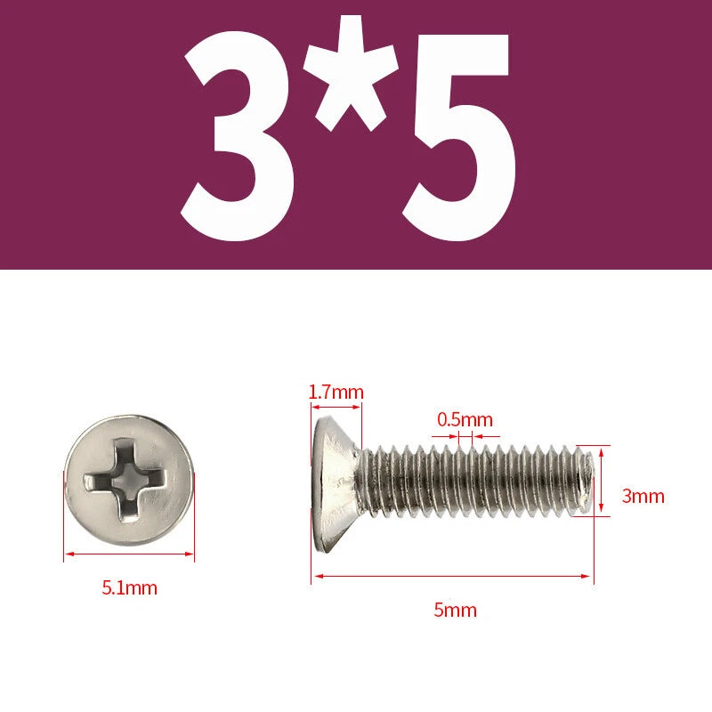 Phillips Machine Screws Countersunk Nickel Plated Steel DIN 965 Flat Head M1~M6