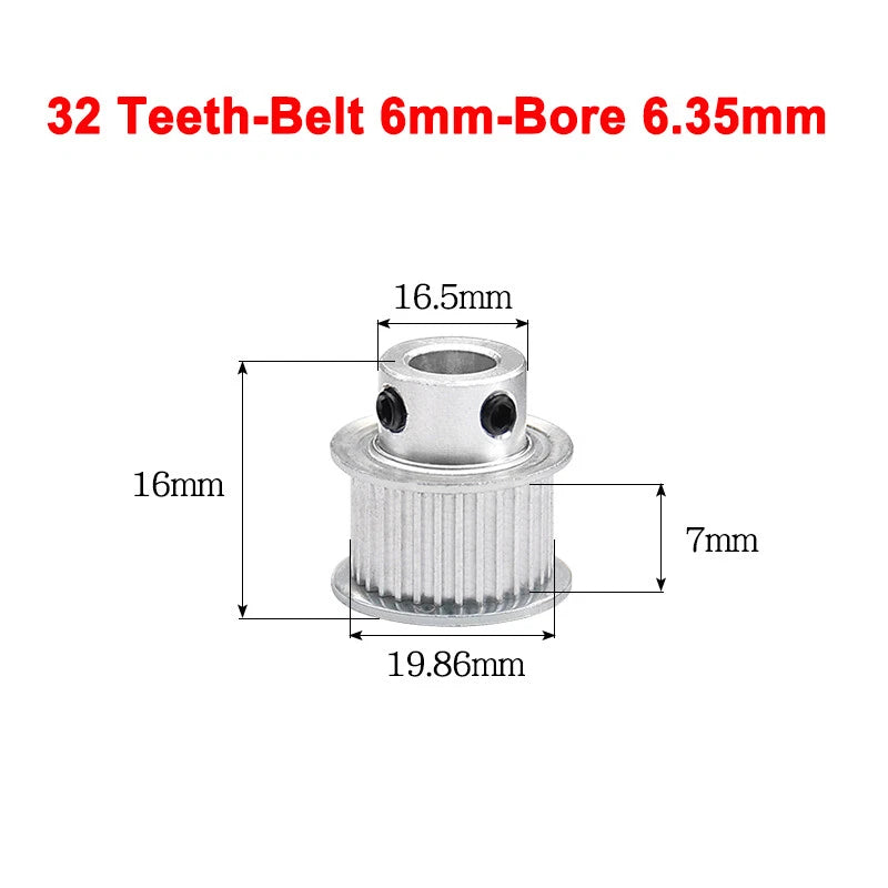 2GT Drive Pulley With Step 16 Tooth - 100 Tooth Bore 4mm - 25mm for 6mm Belt