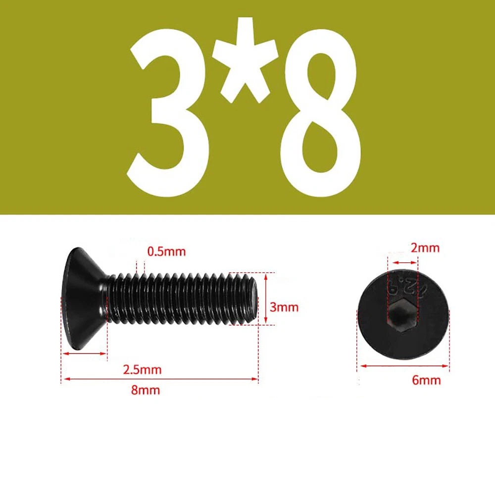 M1.6–M3 Countersunk Socket Head Screws – 12.9 Grade Carbon Steel, Flat Head, Fully Threaded (3–50mm Overall Length)