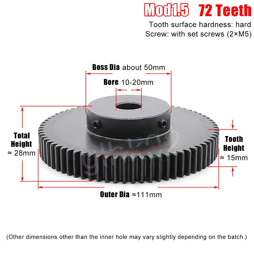Mod1.5 Steel Pinion Gear Spur Gear 12-100 Teeth 4-25mm Bore With Screw Blackened