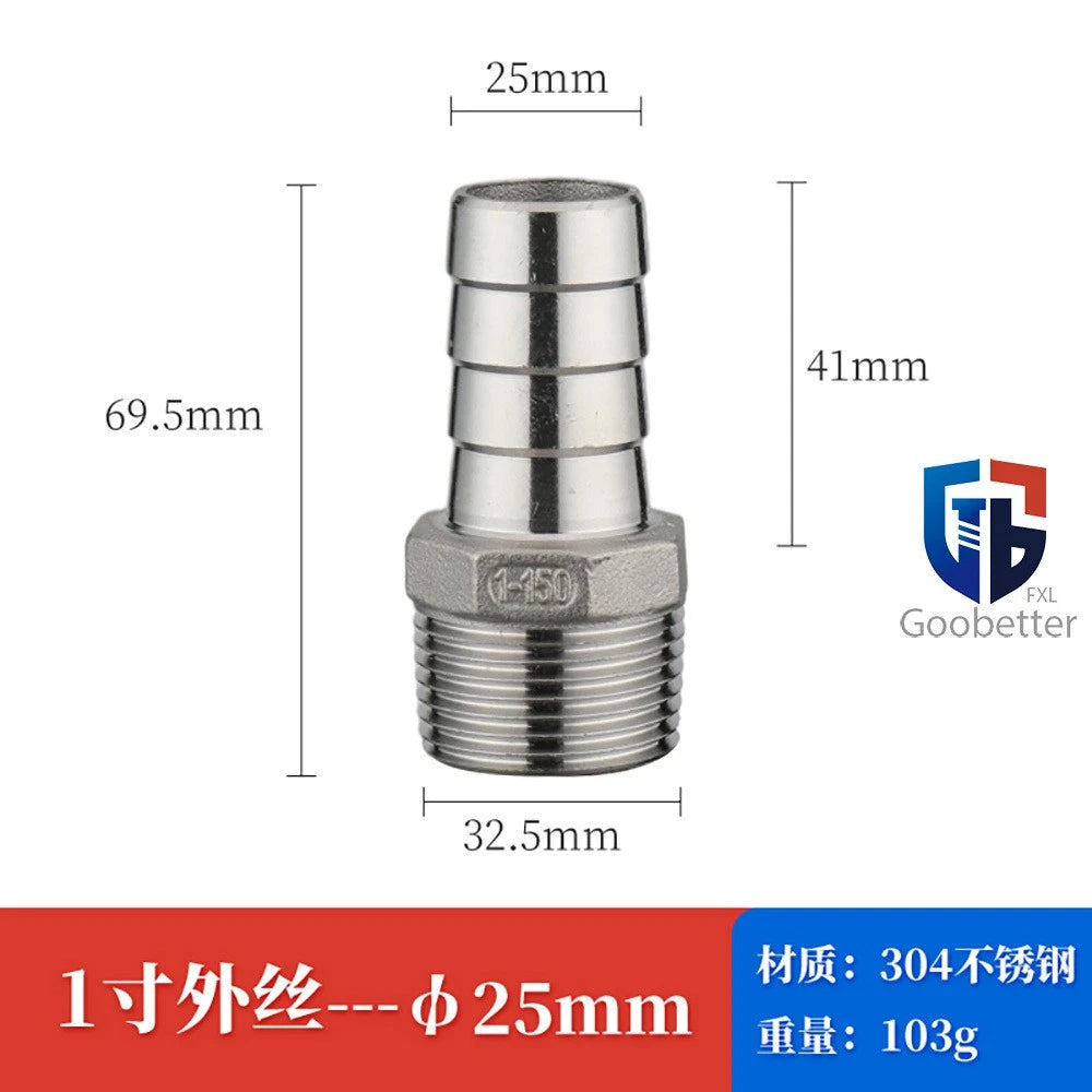 BSP Stainless Steel Male Thread Barb Hose Tail Connector — 1/8" to 2"