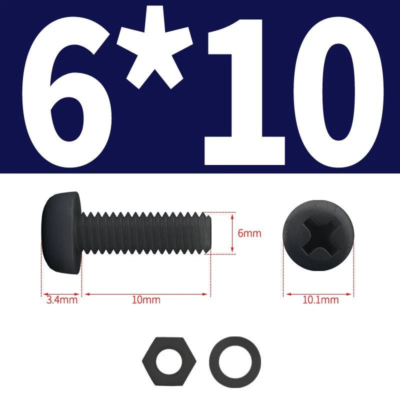 Black Nylon Phillips Machine Screws with Nuts & Washers — Metric M2 to M8 - HomeDIYer
