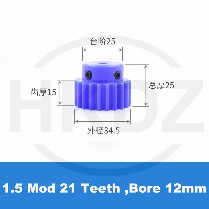 1.5 Mod Blue Nylon Spur Gear 15-60T,Bore 6-12mm Pinion Gear With Step Motor Gear