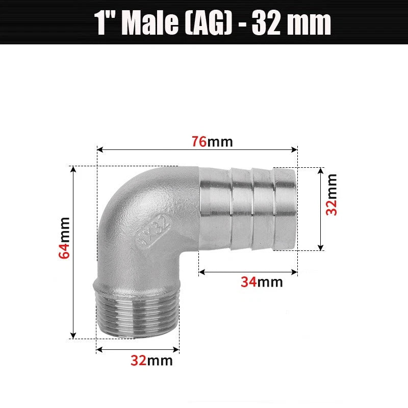 BSP Male Elbow Barbed Hose Connector — Stainless Steel, 1/8" to 1/2", 6–16mm