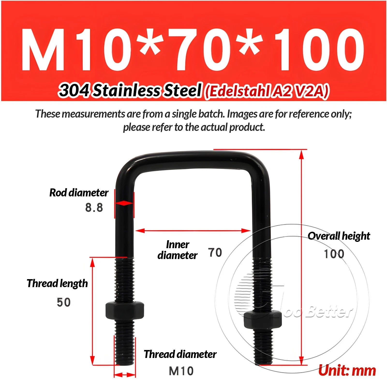 M6 M8 M10 Square U-Bolts Black 304 Stainless Steel with Nuts For Boat Trailer