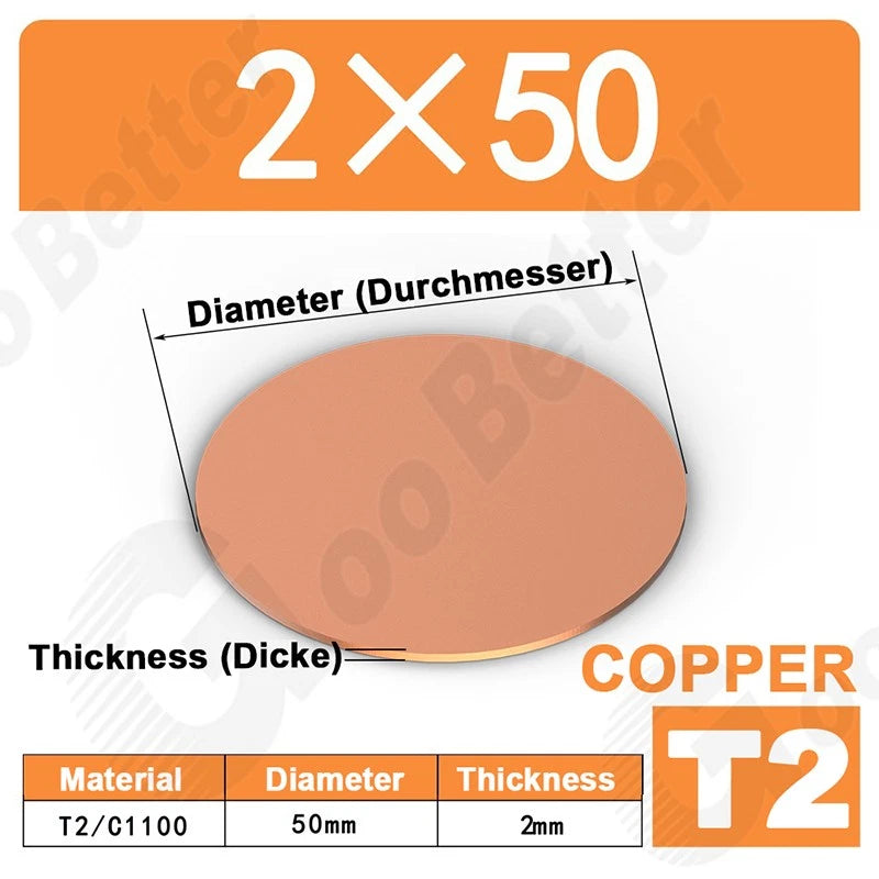 Solid Pure Copper Discs Blank Metal Round Sheet Plate Thick 0.5-3mm Dia 20-100mm