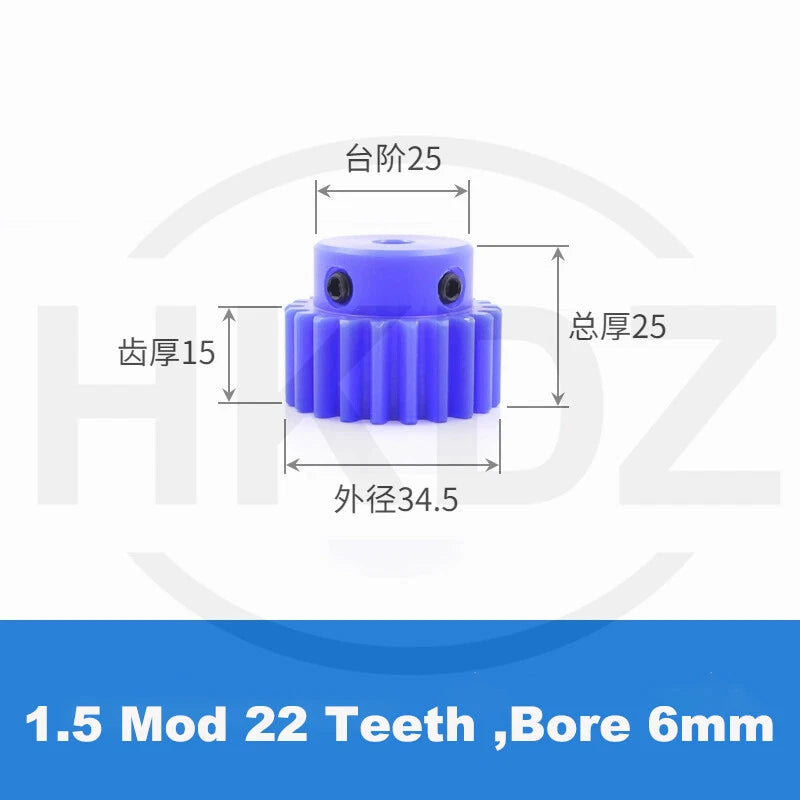 1.5 Mod Blue Nylon Spur Gear 15-60T,Bore 6-12mm Pinion Gear With Step Motor Gear