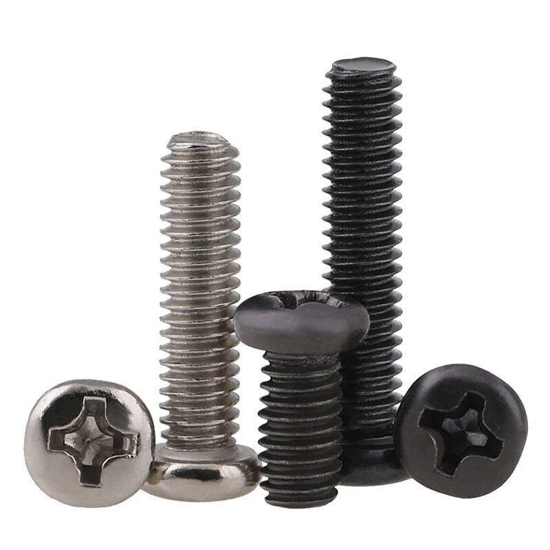 M1–M6 Phillips Round Pan Head Machine Screws – Carbon Steel, Nickel or Black Finish (2–50mm Lengths)