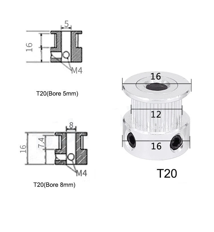 GT2 6mm Timing Belt Tooth Idler Drive Pulley 16T 20T 30T 36T 40T Bore:3mm-10mm