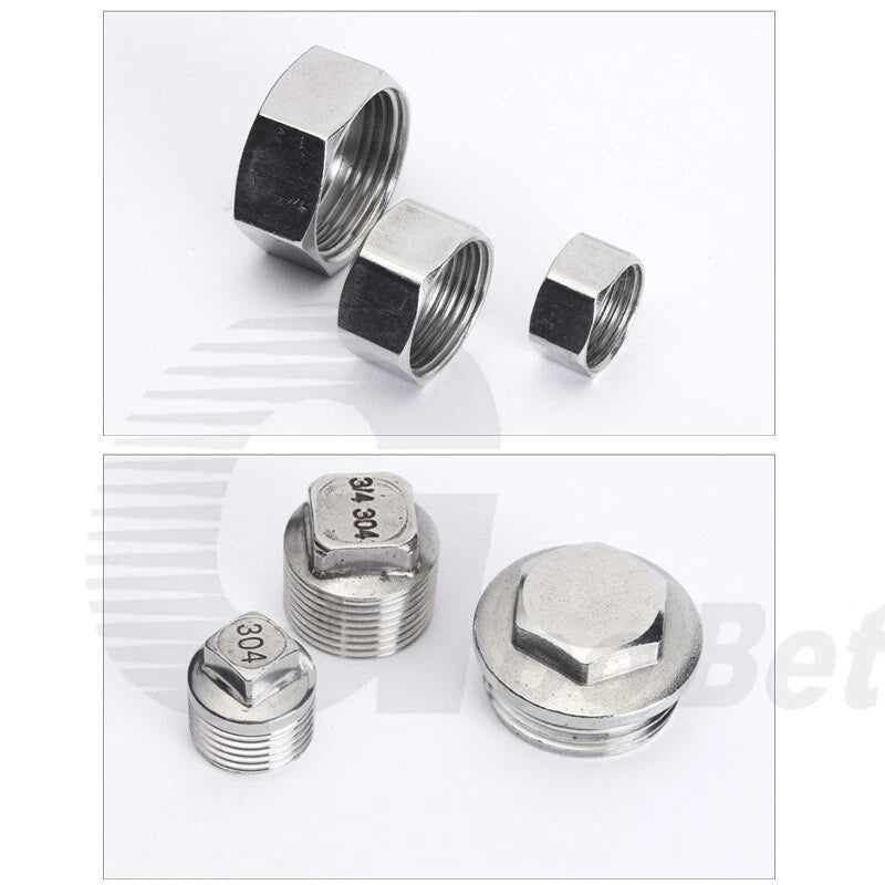Stainless Steel 304 BSP Pipe Plug & End Cap — Male Plug / Female Cap, 1/2" to 1"