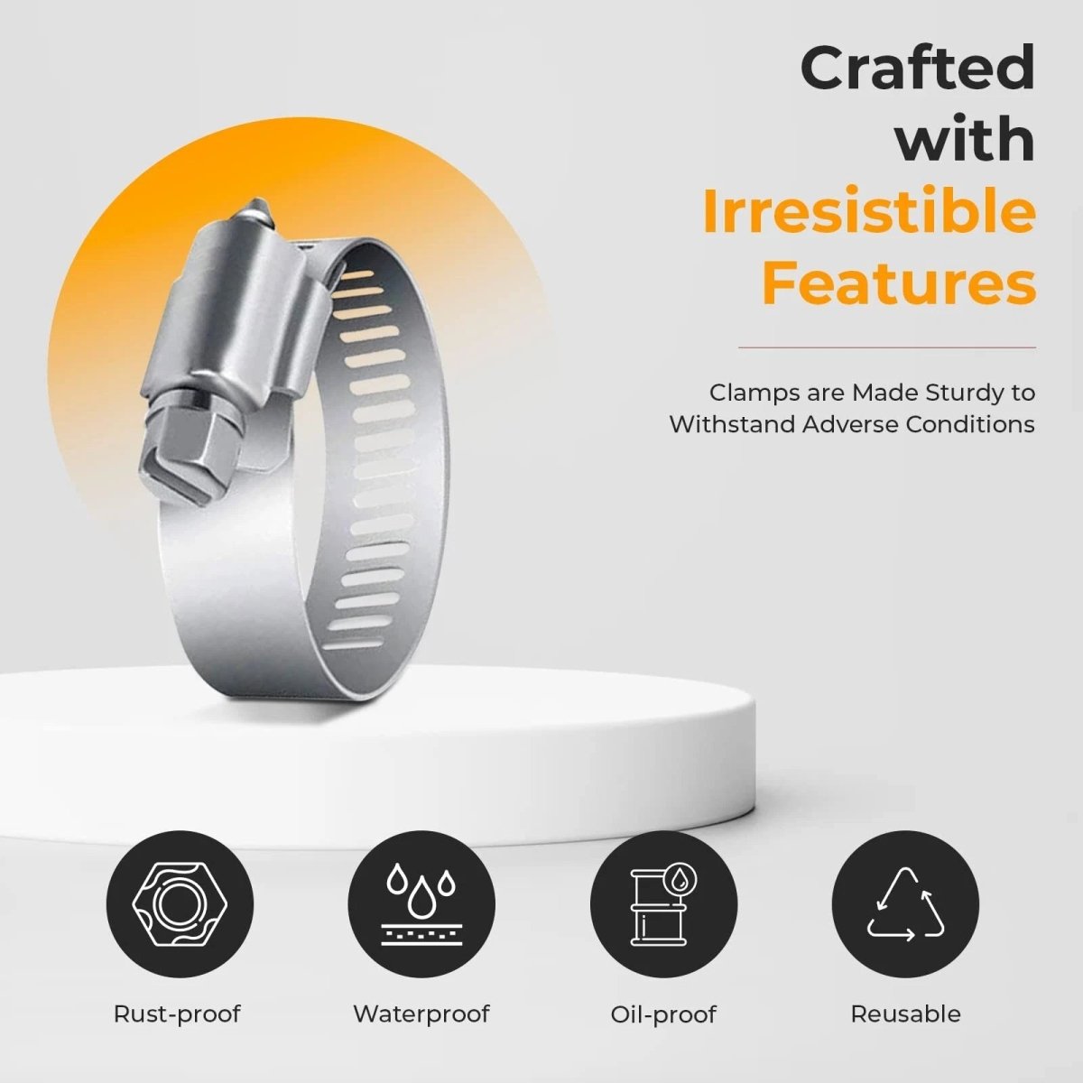 Multi-angle product display showing 360-degree view of stainless steel clamp
