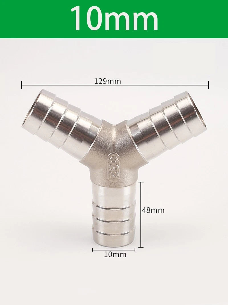 Stainless Steel 3-Way Hose Barbed Connector — T Piece & Y Piece, 8mm–32mm