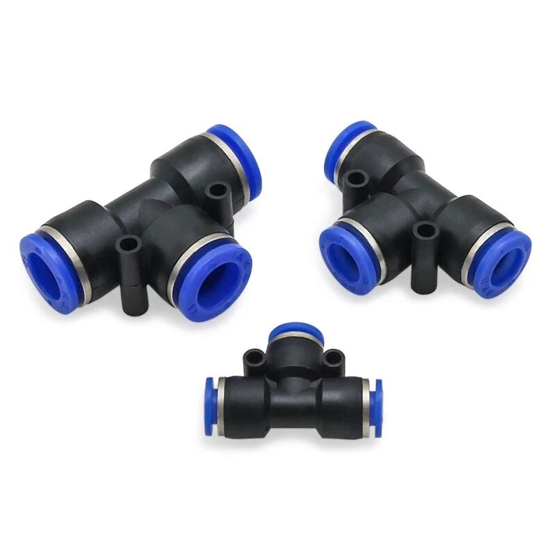 Pneumatic Push-in T-Shape 3-Way Fitting — Air Water Tube Connector PE4–PE16 & Reducing