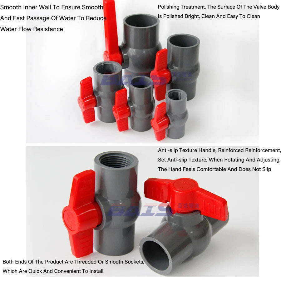 PVC Pipe Fittings 20mm-90mm Ball Valve Socket Solvent Weld-Female Thread Grey