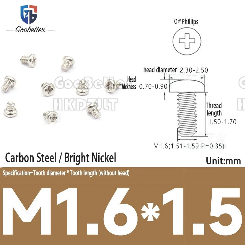 M1.6 & M1.7 Phillips Pan Round Head Machine Screws – Carbon Steel, Brass or Stainless, Lengths 1.5–22mm