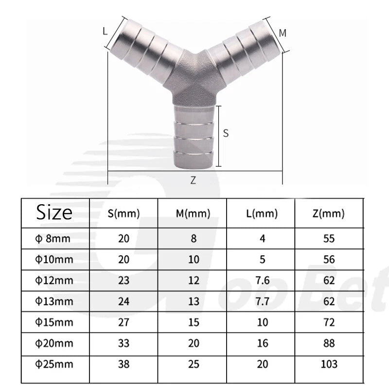 Stainless Steel Barbed Hose Connector — T-Piece & Y-Piece, 6mm–25mm