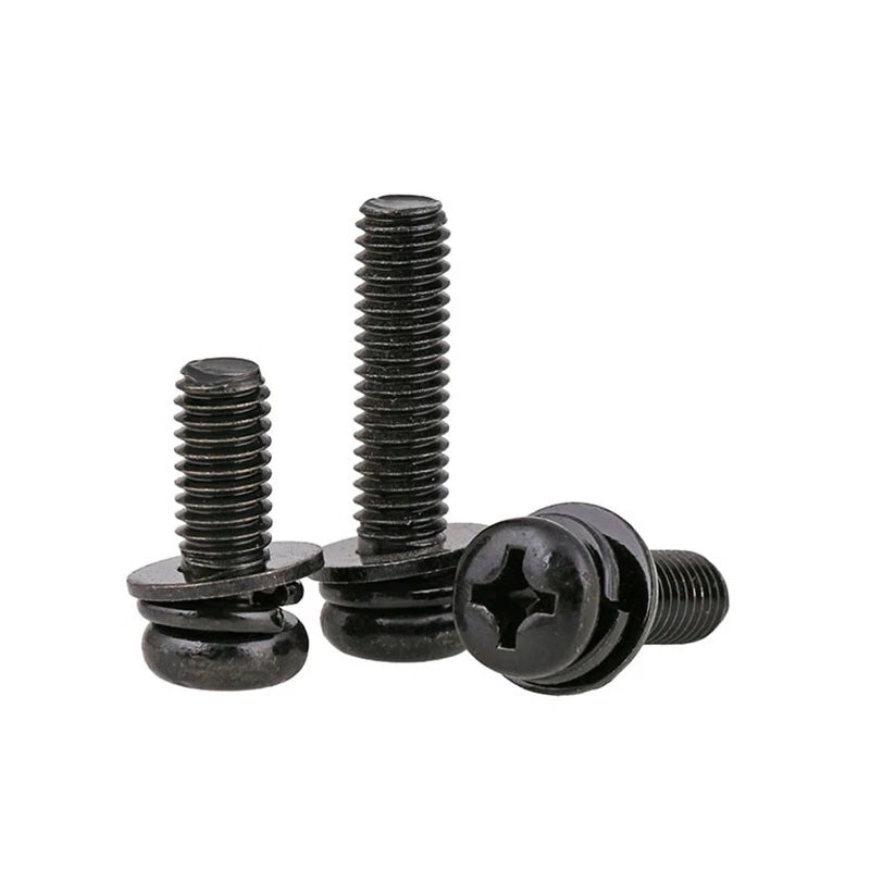 Black Zinc Pan Head Machine Screws with Washers, M2–M6 Pozi Phillips Drive