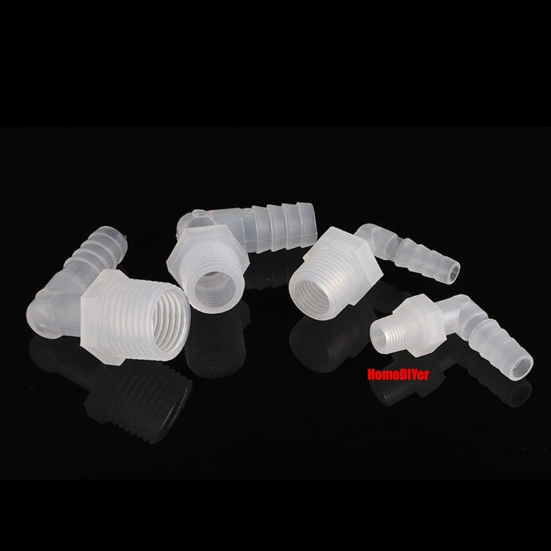 Male Thread Barbed 90° Elbow Hose Connector — Plastic Pipe Fitting with Washer