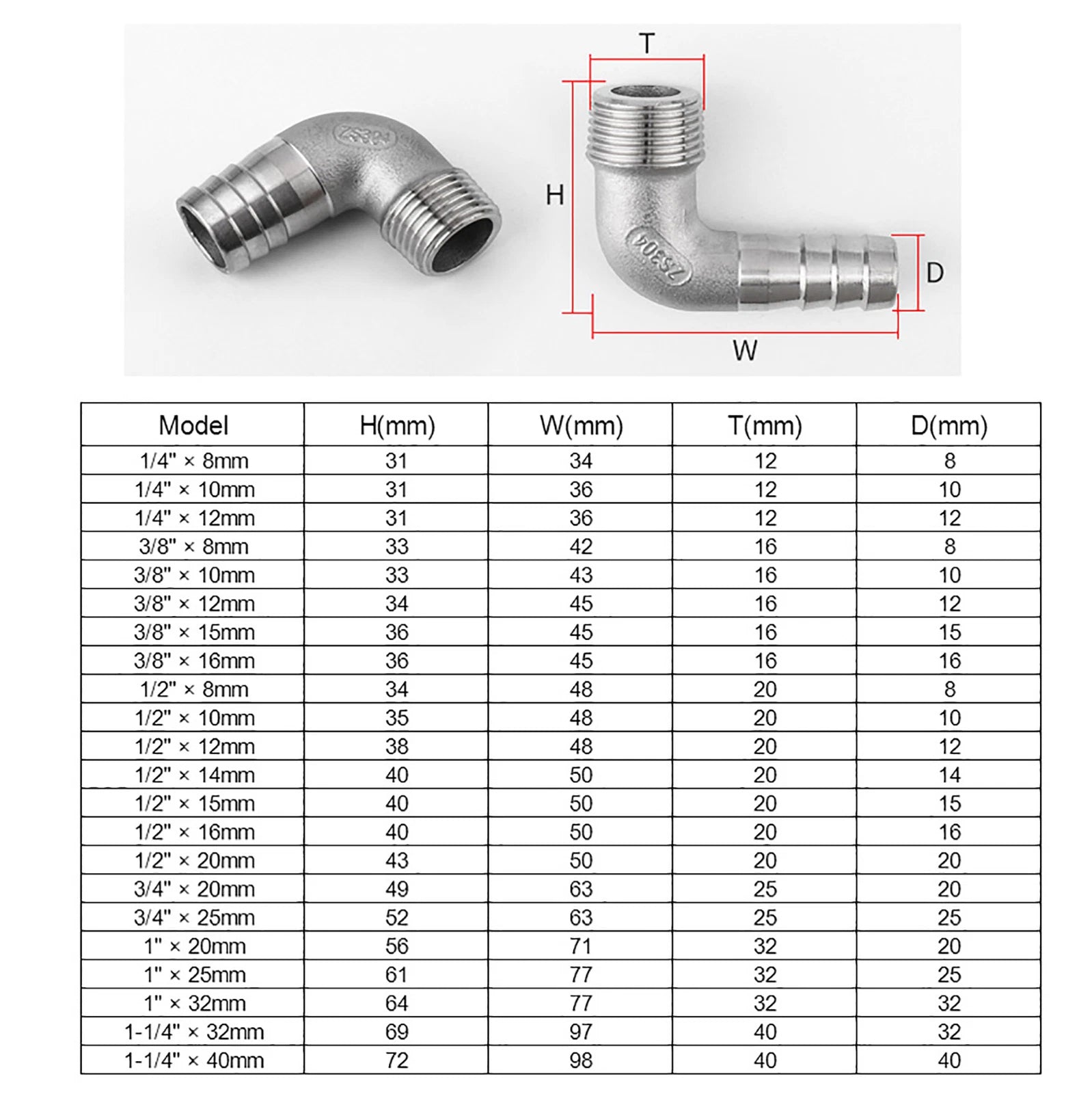304 Stainless Steel BSP Male Thread 90° Elbow Hose Barb Connector — 1/4" to 1-1/4"