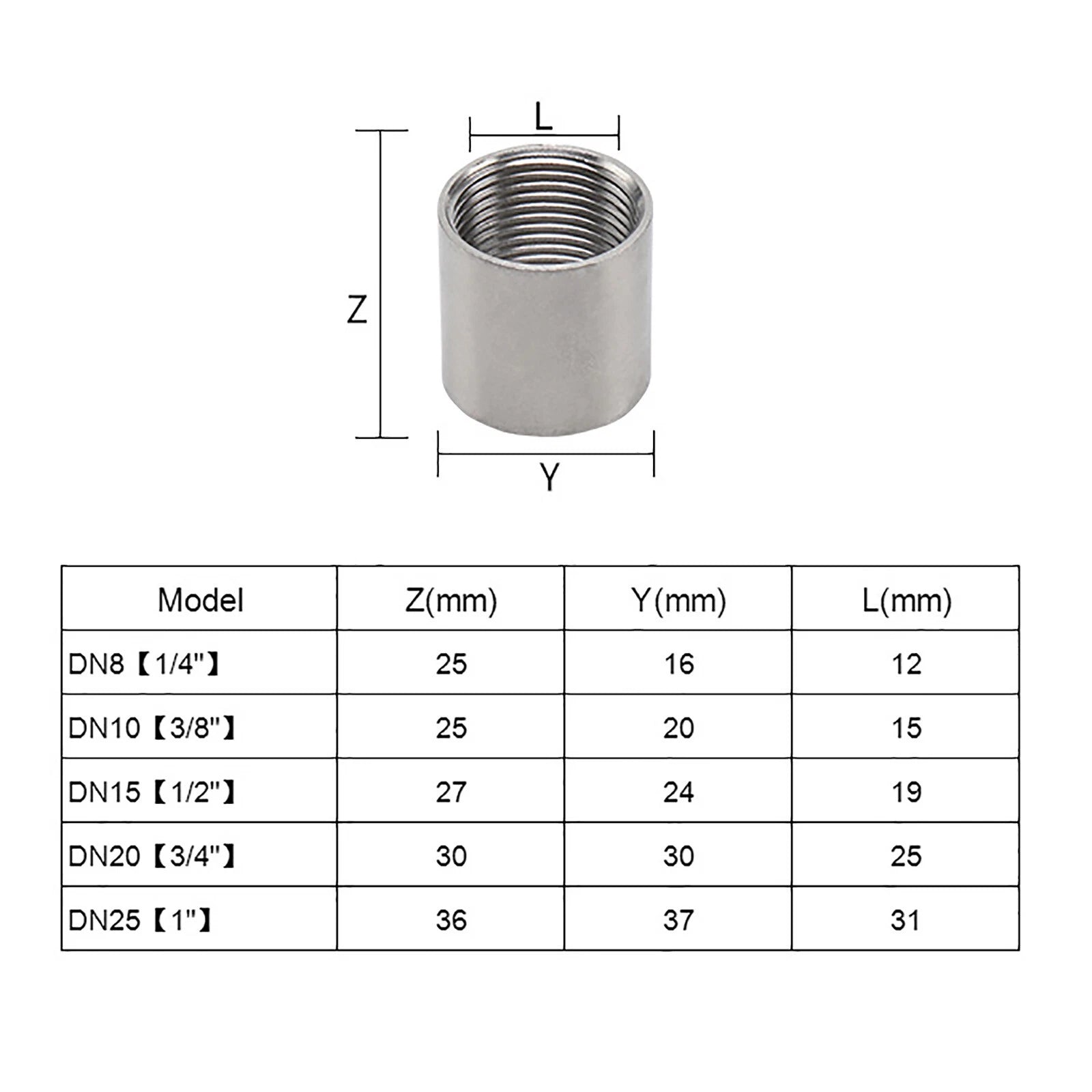 304 Stainless Steel BSP Full Socket Pipe Coupler — DN8 to DN100