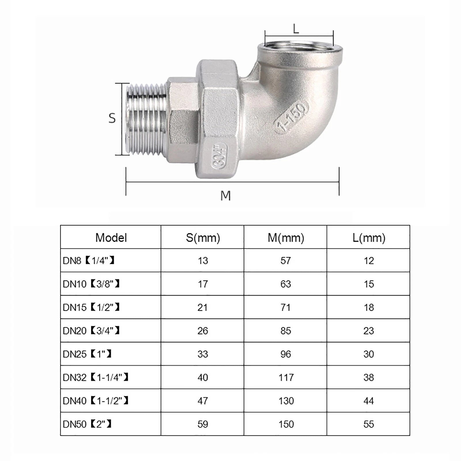 BSP 304 Stainless Steel Female Male Elbow Union Pipe Fitting — DN8 to DN50
