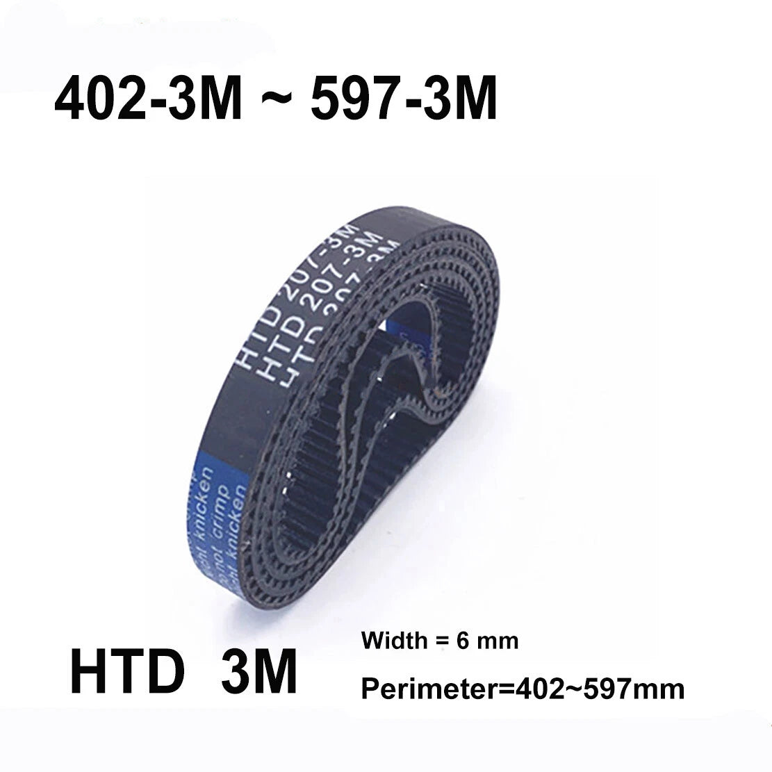 HTD 3M Timing Belt 6mm Wide, Closed Loop Synchronous Belt, L=402–597mm, Black Rubber