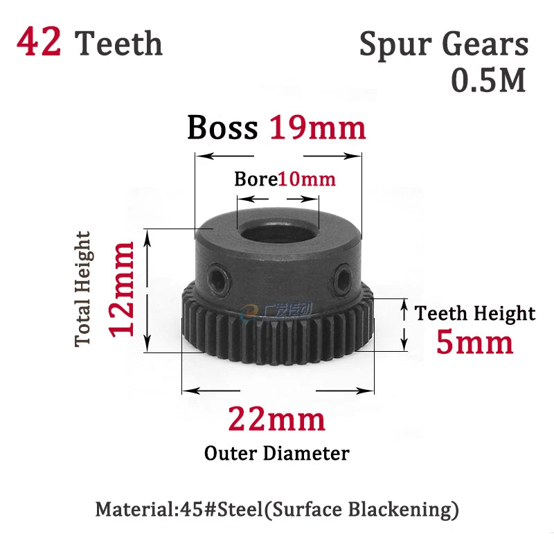 0.5 Mod 42T Spur Gears Steel Pinion Gears Metal Spur Transmission Gear 45 Steel