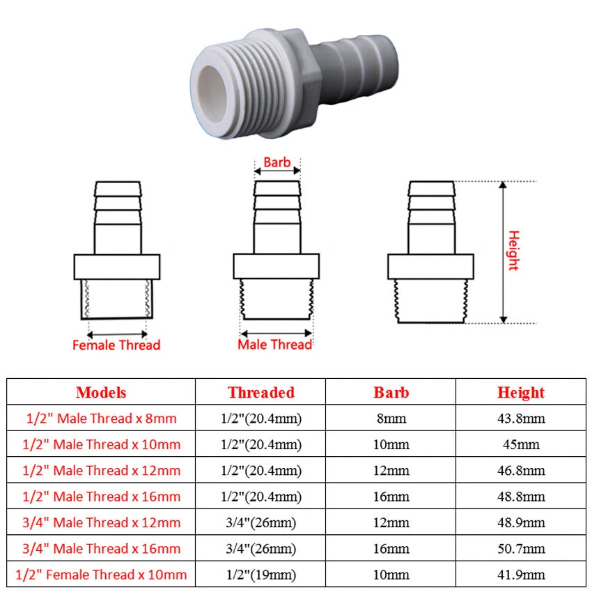 PVC 1 2" 3 4" Male Female Thread x 8-16mm Barb Hose Tail End Connector Fittings