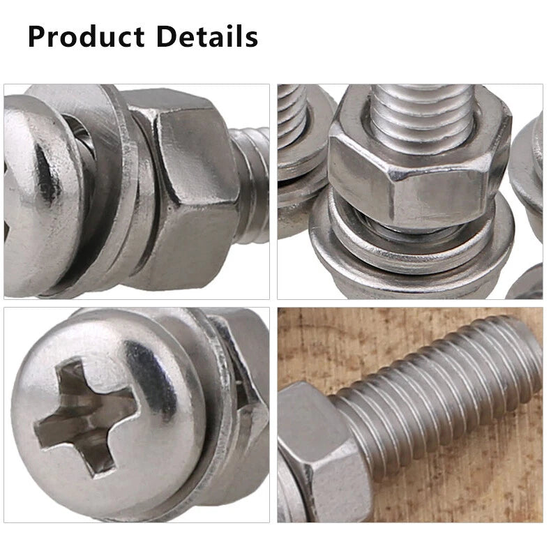 M2–M10 Phillips Pan Head Machine Screws with Nuts and Washers — A2 Stainless Steel