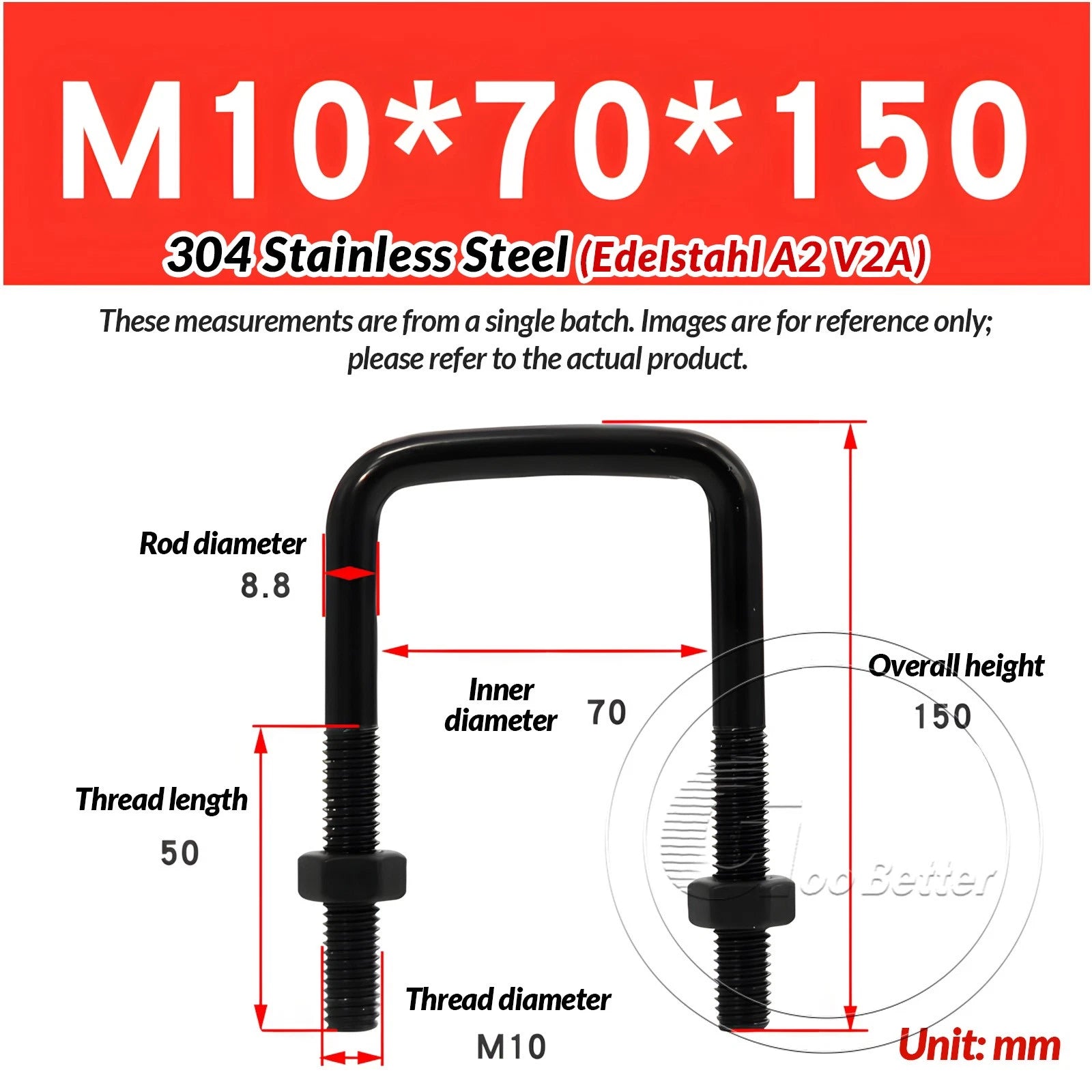 M6 M8 M10 Square U-Bolts Black 304 Stainless Steel with Nuts For Boat Trailer