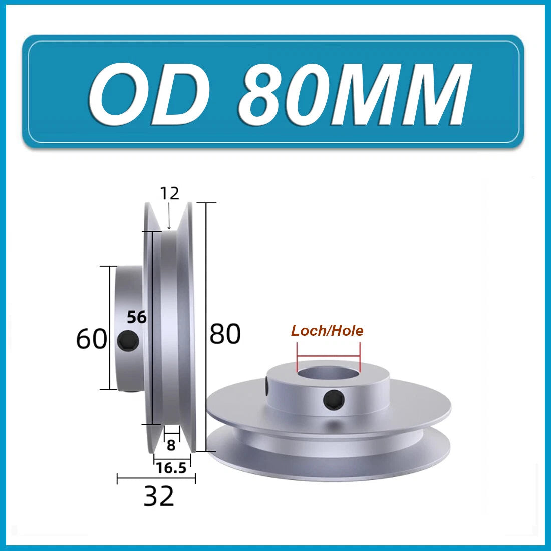Aluminium V-Groove Pulley 1 Groove OD 50/60/80/100mm for B-type Belts Pulleys