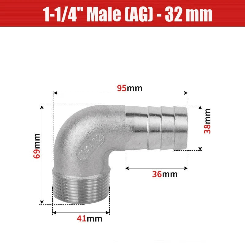 BSP Male Elbow Barbed Hose Connector — Stainless Steel, 1/8" to 1/2", 6–16mm