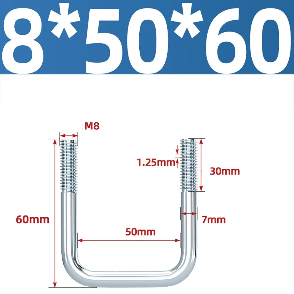 Square U-Bolts Galvanized Carbon Steel Fixing Clamp Bolt M6 M8 M10 M12 M14 M16