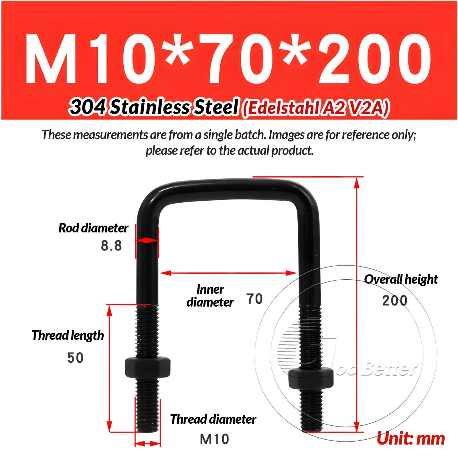 M6 M8 M10 Square U-Bolts Black 304 Stainless Steel with Nuts For Boat Trailer