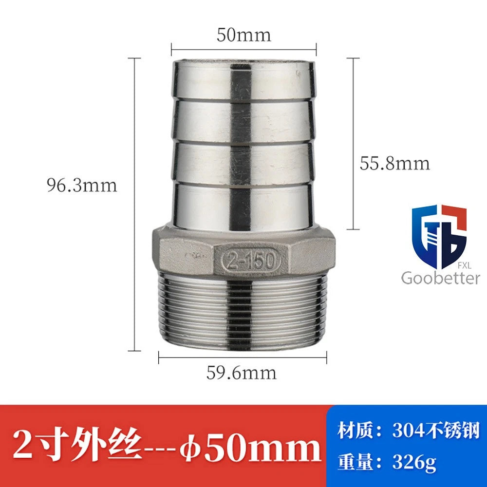 BSP Stainless Steel Male Thread Barb Hose Tail Connector — 1/8" to 2"