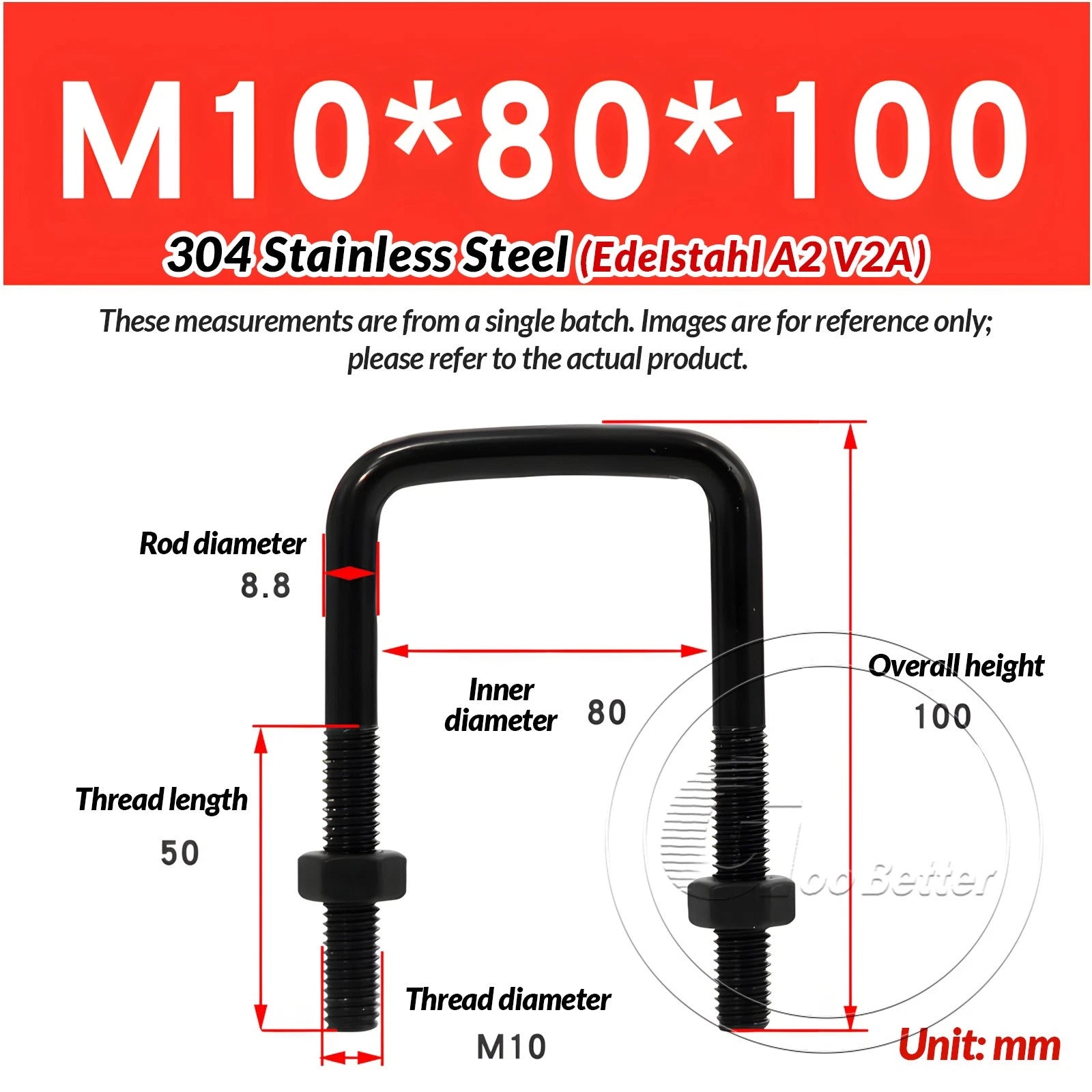 M6 M8 M10 Square U-Bolts Black 304 Stainless Steel with Nuts For Boat Trailer
