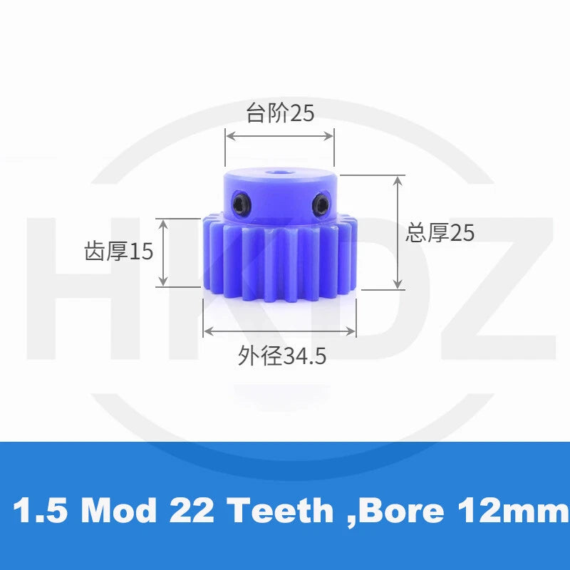 1.5 Mod Blue Nylon Spur Gear 15-60T,Bore 6-12mm Pinion Gear With Step Motor Gear