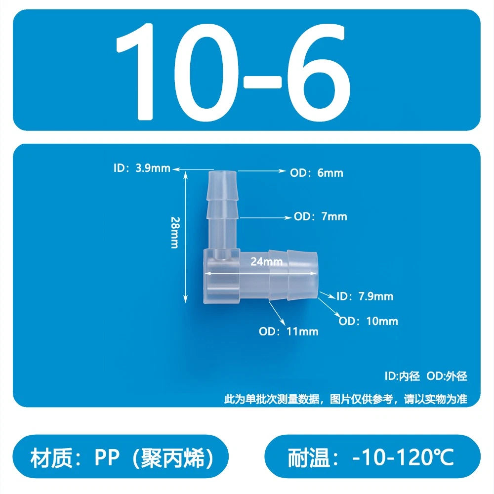 90° Elbow Plastic Barbed Joiner Reducer Connector Pipe Tube Hose Water 1.6-25mm