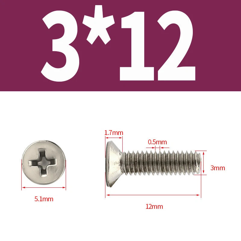 Phillips Machine Screws Countersunk Nickel Plated Steel DIN 965 Flat Head M1~M6