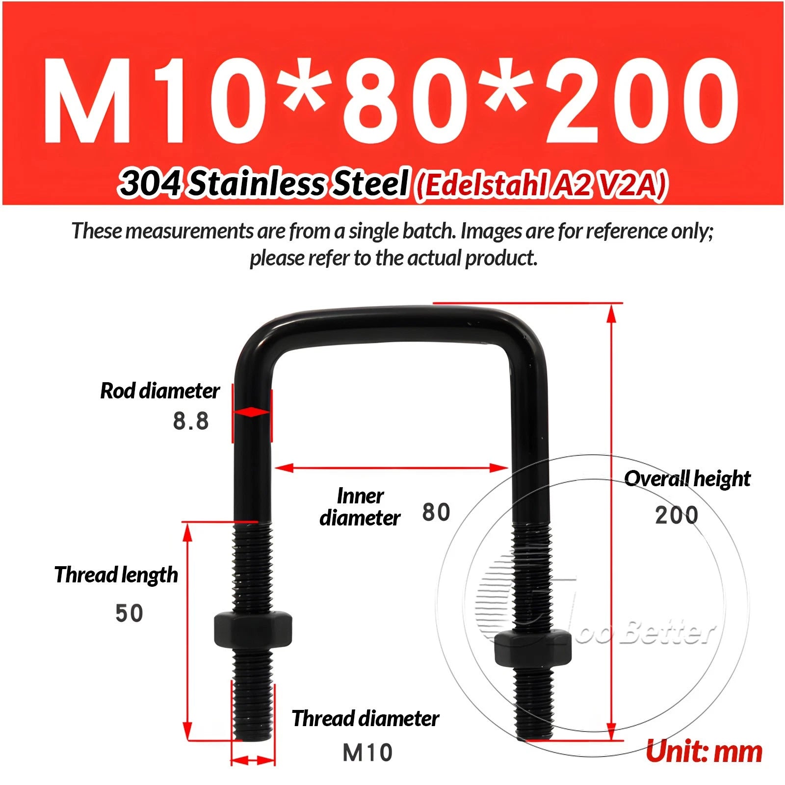 M6 M8 M10 Square U-Bolts Black 304 Stainless Steel with Nuts For Boat Trailer