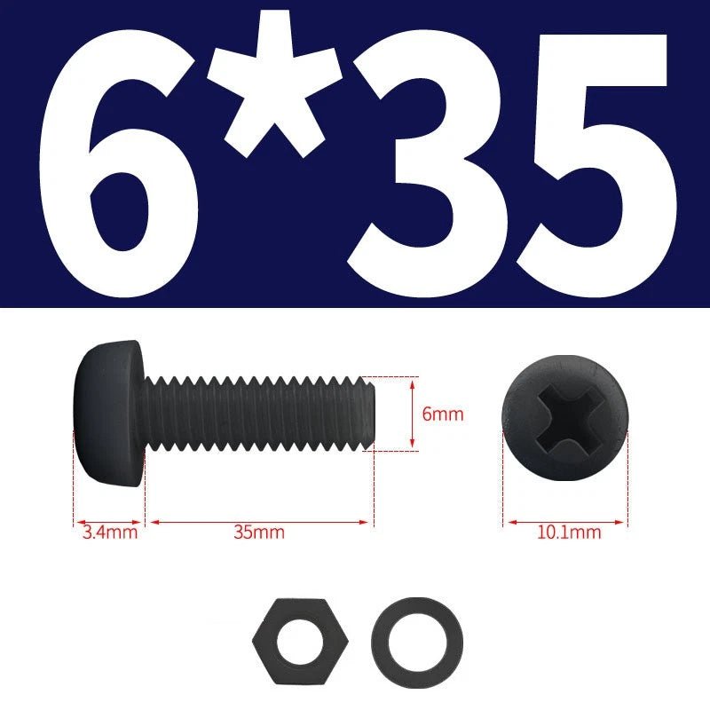 Black Nylon Phillips Machine Screws with Nuts & Washers — Metric M2 to M8 - HomeDIYer