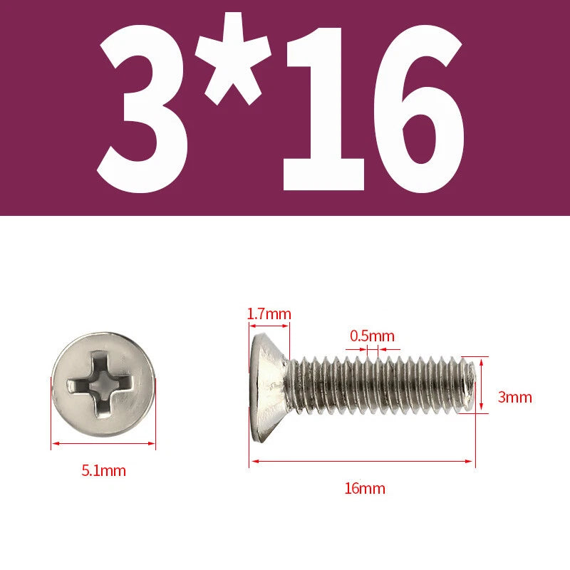 Phillips Machine Screws Countersunk Nickel Plated Steel DIN 965 Flat Head M1~M6