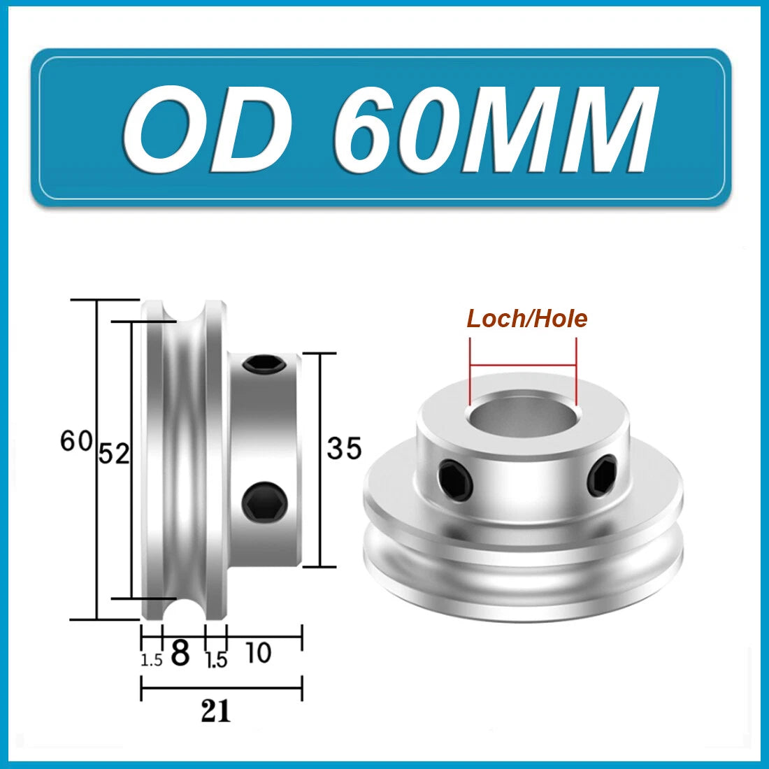 Aluminium U Pulley Single-Slot OD 30mm~100mm for Motor Machine 8MM PU Round Belt